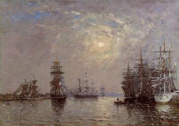 Eugene Boudin : Le Havre, European Basin, Sailing Ships at Anchor, Sunset